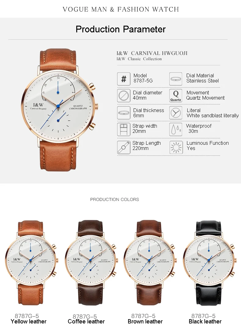 CARNIVAL I& W Ультратонкие 6 мм кварцевые мужские часы с двойным временем TopBrand Роскошные сапфировые кристаллы простые модные водонепроницаемые Montre