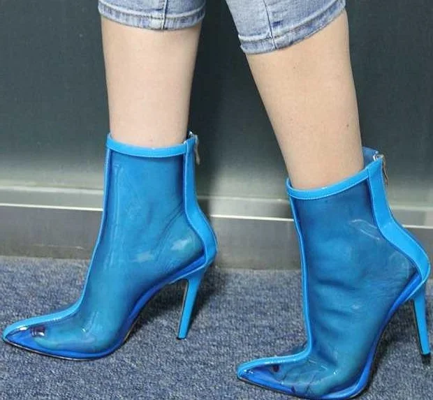 New Hot Vrouw Merk Transparante PVC Wees Teen Stiletto Hakken Rits Terug Halverwege de kuit Korte Laarzen Blauw Geel Oranje beige Naakt New Hot Vrouw Merk Transparante PVC Wees Teen Stiletto Hakken Rits Terug Halverwege de kuit Korte Laarzen Blauw Geel Oranje beige Naakt