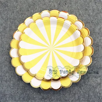 

Free Ship 80pcs 9inch Paper Plates Yellow striped and Metallic Gold Foil Scallop Style Edge for Baby shower Birthday Wedding