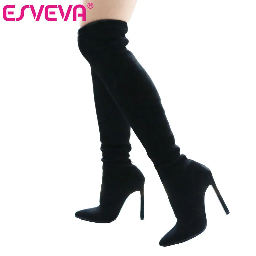 ESVEVA 2020 Over The Knee Boots Super Thin High Heel Winter Pointed Toe Warm Women Flock + Stretch Fabric Shoes Size 34-43 | Обувь