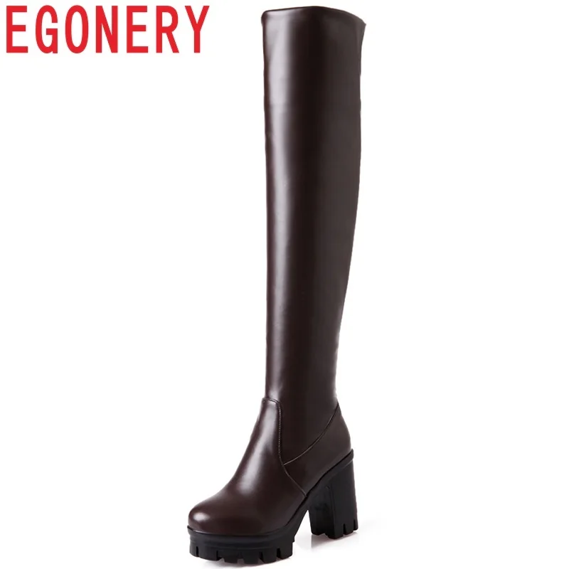 

EGONERY 2018 newest hot sale round toe super high square heel platform slip-on winter outside warm fashion over the knee boots