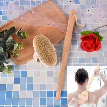 

New Long Wooden Handle Bath Body Brush Boar Bristles Exfoliating Body Massager Skin Cleaning Brush With For Dry Brushing Shower