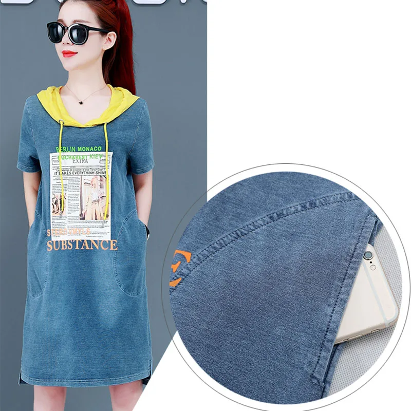 2019 Новое Женское летнее платье с капюшоном джинсовые свободные платья принтом