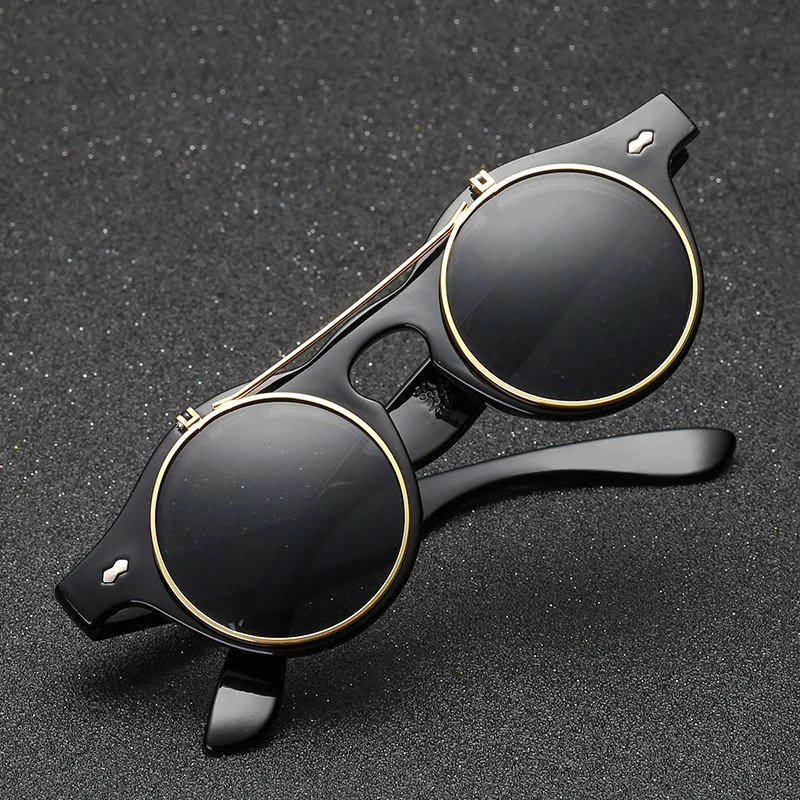Стимпанк готические очки Ретро Флип-ап Круглые Солнцезащитные очки для женщин винтажные черные солнцезащитные очки для мужчин Oculos de sol Feminino R036