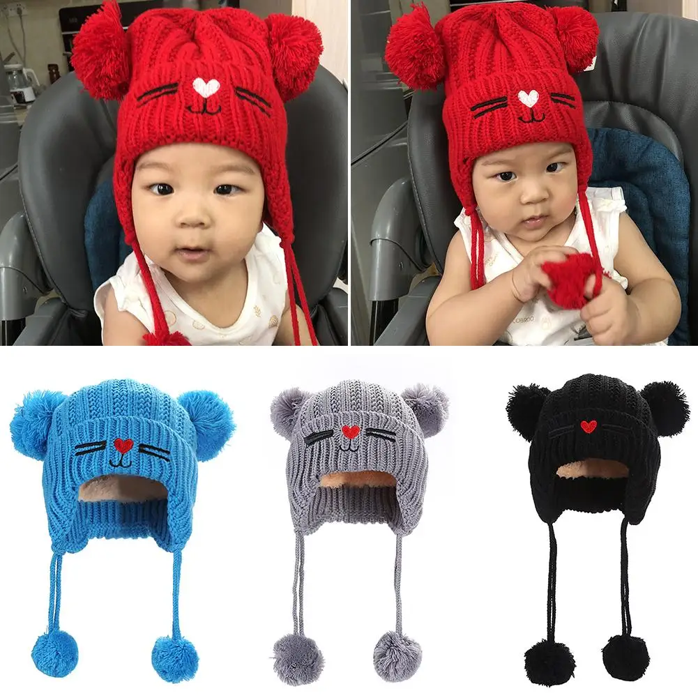 

Kids Children Babies Autumn Winter Cat Double Balls Warm Soft Hat Beanie Cap