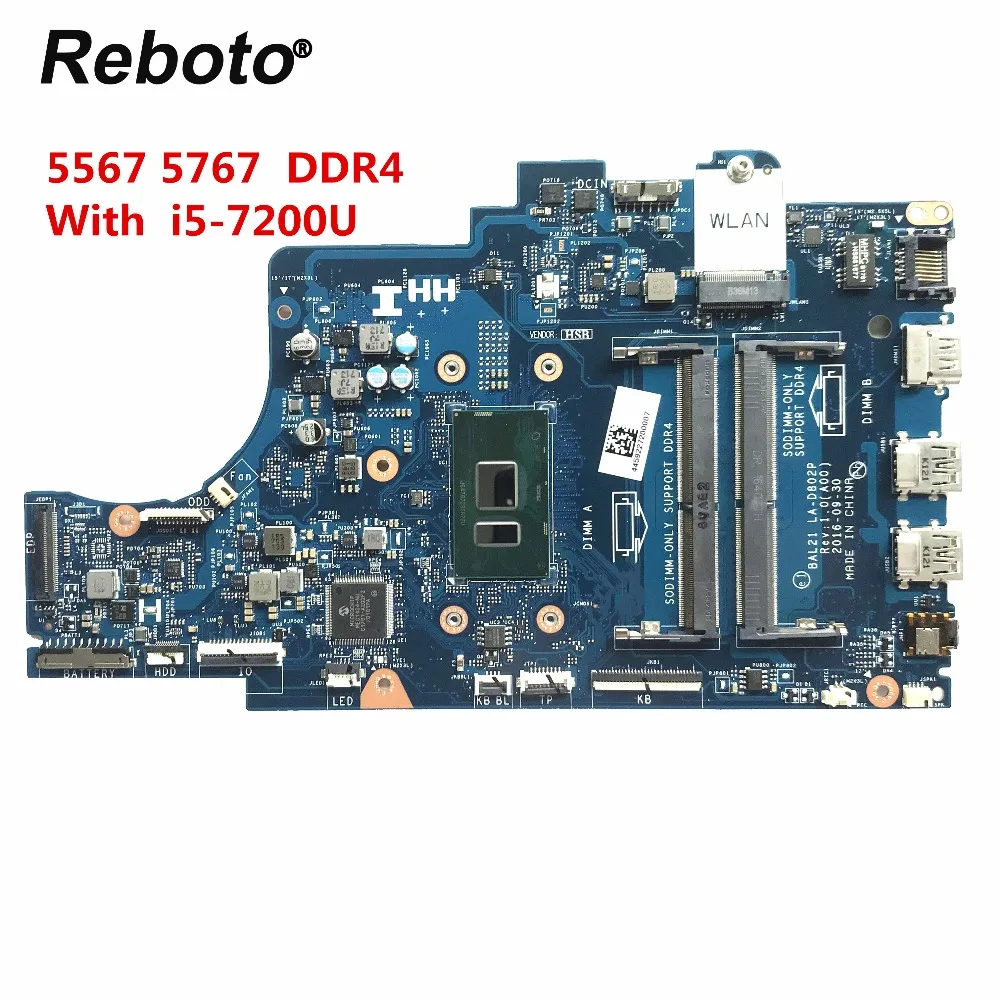 

Reboto FOR DELL Inspiron 15 5567 5767 Laptop Motherboard DG5G3 0DG5G3 With SR2ZU i5-7200U BAL20 LA-D802P DDR4 MB 100% Tested