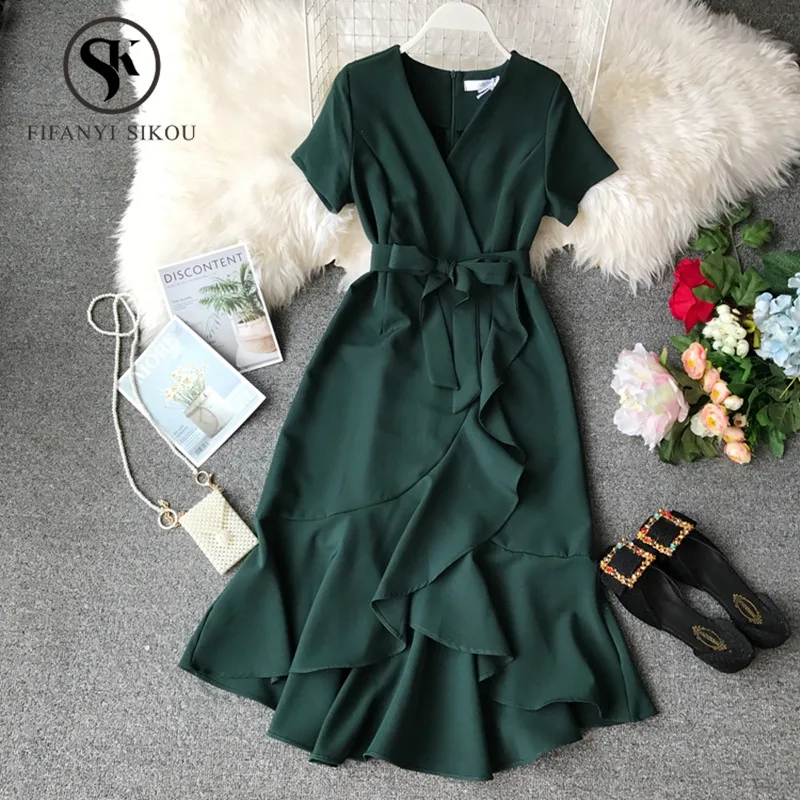 

Summer Dress 2019 Women's New Fashion Lace Up Short sleeve Elegant Dress women Ruffles V-Neck Long Dress Asymmetrical Dresses