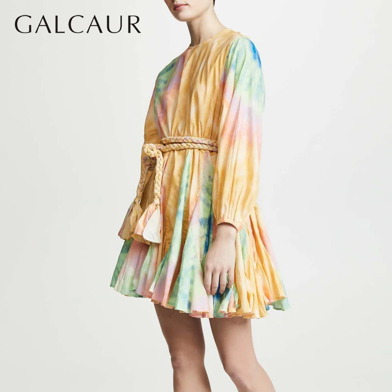 

GALCAUR Print Hit Colors Pleated Women's Dress O Neck Long Sleeve High Waist Bandage Female Dresses Spring Fashion 2019 Tide