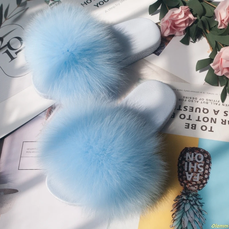 

Blue Sole Summer fox fur slides Cute Plush Fox slippers 100% real fox hair luxury fashion beach slippers size 36-41