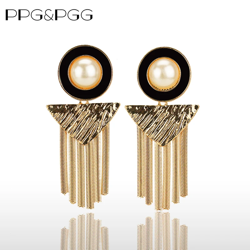 

PPG&PGG Women Fashion Long Metal Simulated Pearl earrings gold chain fringing Metal Geometric Maxi Statement Tassel Earrings
