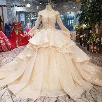 شراءHTL046 الدولية جديد تصميم فساتين الزفاف مع Peplum س الرقبة طويلة الأكمام الكرة ثوب Sukienka غ Wesele Dla Gościa