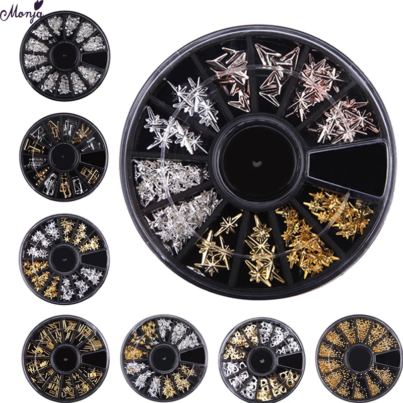 

Monja Nail Art Metal 3D Rivets Studs Rhinestones Beads Star Lines Round Square Hollow Flakes Multi Design Decoration Accessories