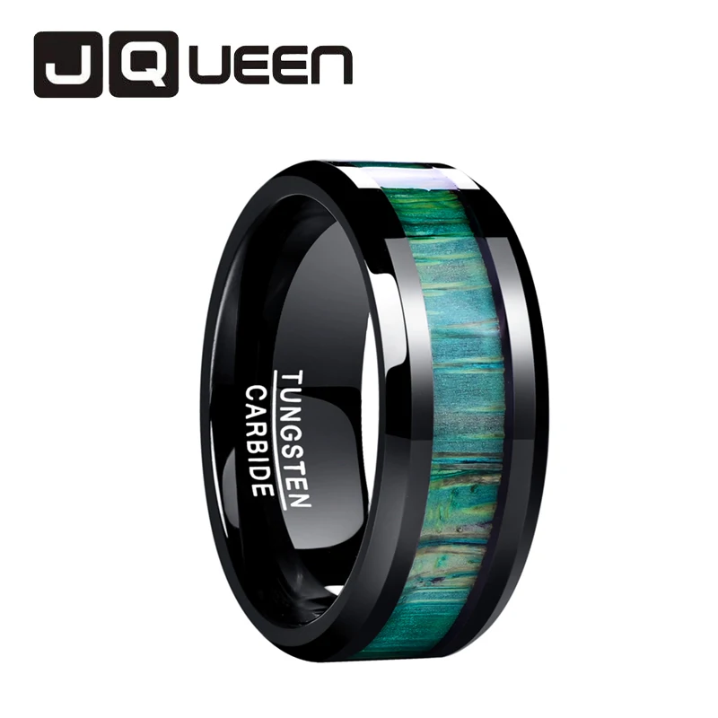 

JQUEEN 100% Tungsten Carbide Male Ring Inlaid Green Wood Striped Surface 8MM Wide Wedding Bands Men Rings Fine Jewelry