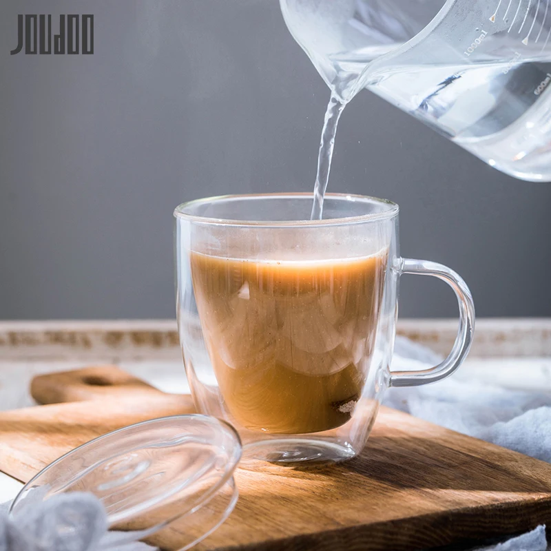 

JOUDOO Transparent Double Layers Glass Water Cup High Quality Glass Mug With Lid Heat Resistant Tea Coffee Milk Drinkware Cups35