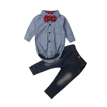 

Baby Boys Kids Clothes Set Children Gentleman Suit Long Sleeve Bodysuit+Denim Pants Jeans Toddler Infant Boys Set Newborn