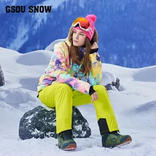 Gsou снежной погоды с одной или двойной линией лыжный костюм, с меховым воротником, теплый, водонепроницаемый, ветрозащитный лыжный костюм, одежда для девочек