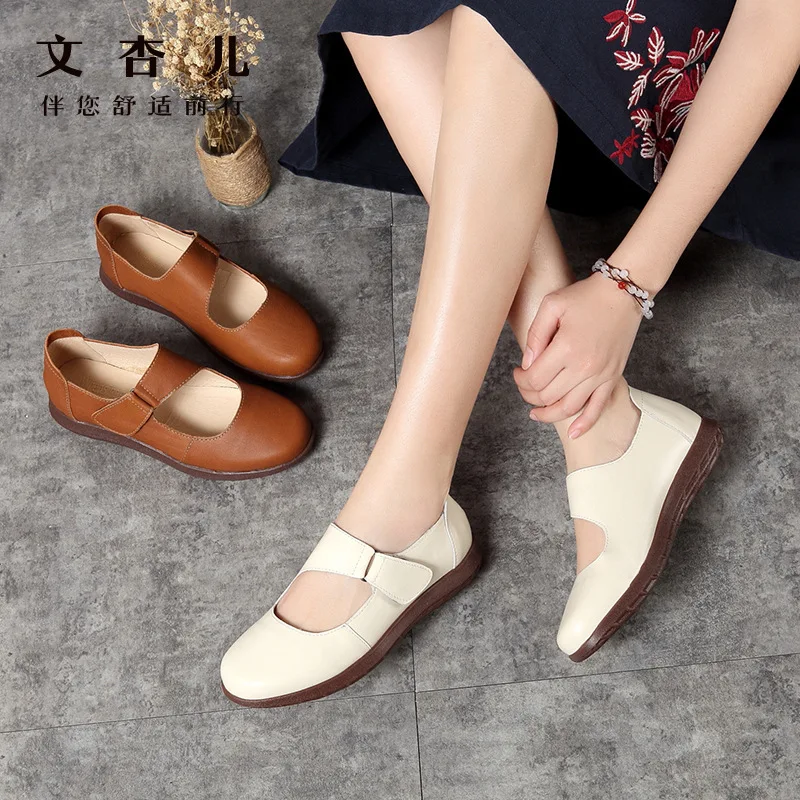 

Women's Vulcanize Shoes Hook Loop Sewing thread Leather stitching Women Real Leather flats Casual Female Driving Ballet Footwear