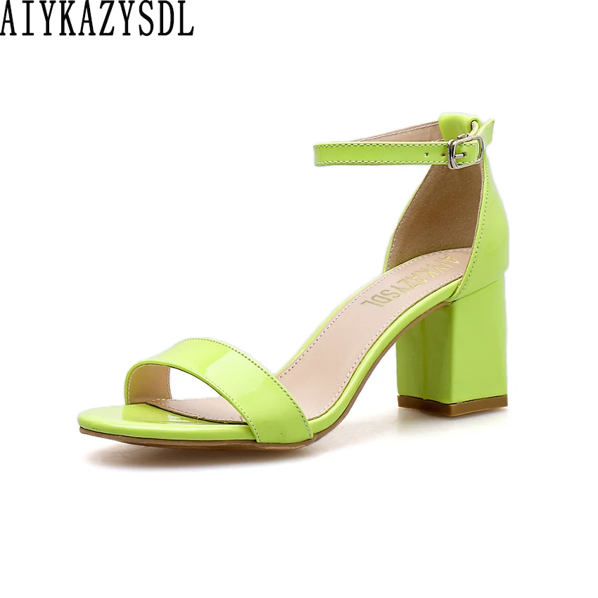 

AIYKAZYSDL Women Summer Neon Sandals Open Toe Ankle Strap Med Heels Concise Casual Shoes Thick Block Heel Green Dress Shoes