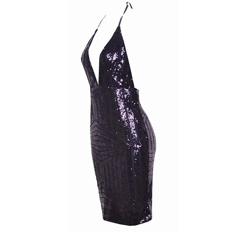 Sexy Bandage Deep V-neck Backless Sequin Dress Women Sleeveless Halter Club Party Dress Short Party Casual Mini Dresses Vestidos (2)