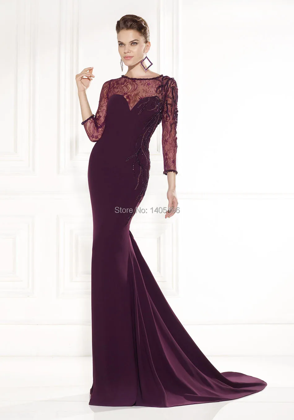 2017 Tarik Ediz Plum Mermaid Evening Dress Sheer Crew Illusion Long 2017 Tarik Ediz Plum Mermaid Evening Dress Sheer Crew Illusion Long Sleeve On Beading Sequins Formal Back Prom Dresses In From