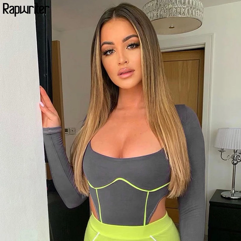 

Rapwriter Sexy Skinny Panelled High Waist Bodysuit Women 2019 Summer Stretch Slim O-Neck Long Sleeve Open Crotch body mujer