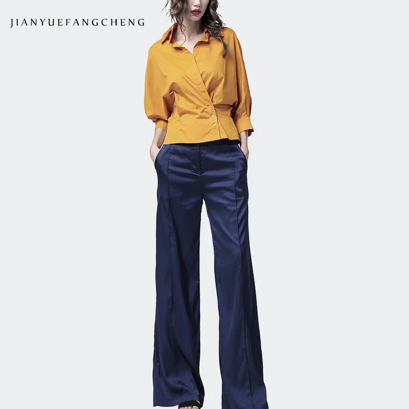 2019 Summer Women' Soft Satin Pants Trousers High Waist Wide Leg Pocketed Pleated Casual Streetwear Dress Pants For Women 2019 Summer Women' Soft Satin Pants Trousers High Waist Wide Leg Pocketed Pleated Casual Streetwear Dress Pants For Women