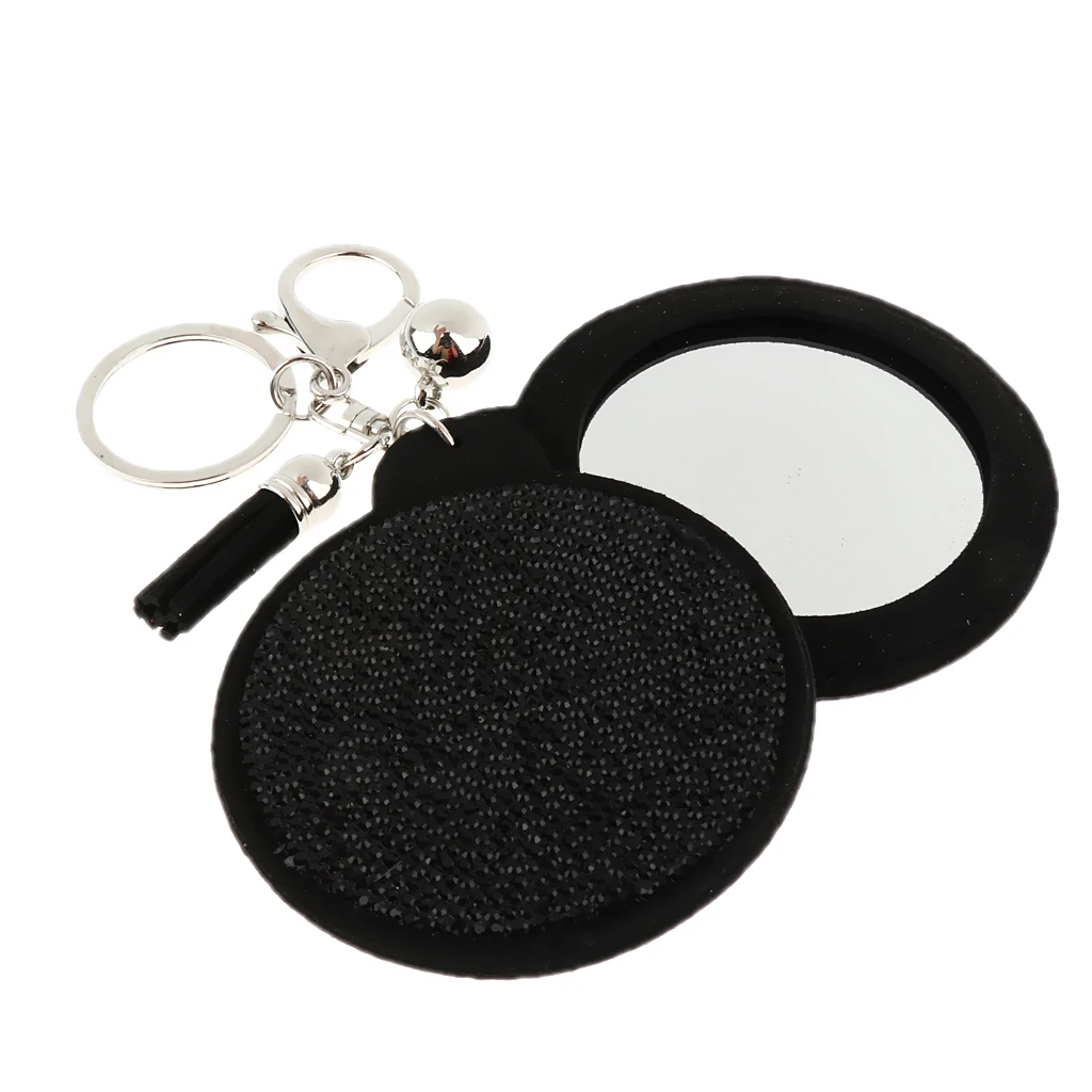 Woman Charm Key Chain Shape Round Crystal Keychain Tassel Mirror Grey
