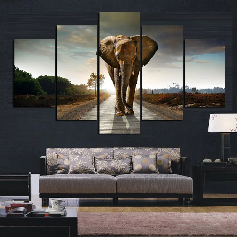 5Panel Print Africa Elephant Abstract Landscape Oil Painting on Canvas Art Animal Poster Modular Wall Picture for Living Room (2)