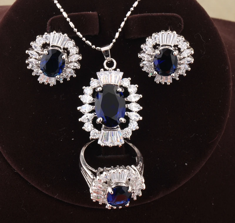 

2016 Dazzling Blue White 925 Sterling Silver Jewelry Sets Earring Pendant Ring Size 6 7 8 9 10 Gift S8014