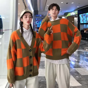 

Plaid Cardigan Men Sweater Harajuku Streetwear Men Sweatercoat Winter Check Matching Sweaters Orange Color Korean Couple Clothes