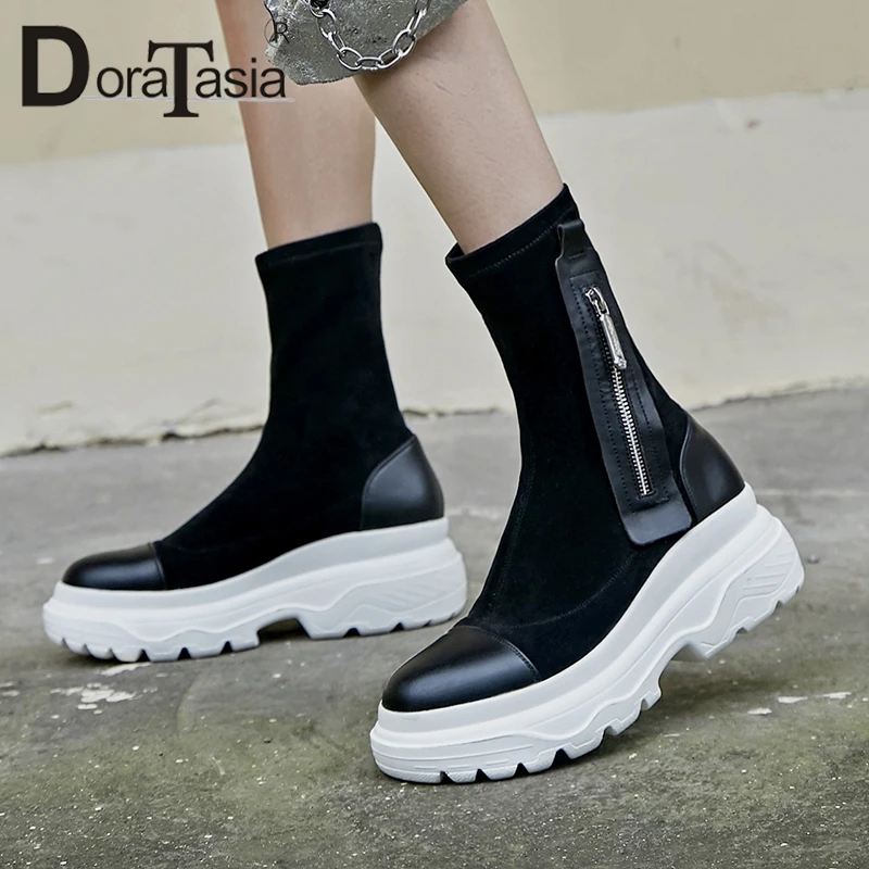 

DoraTasia 2019 Spring New Patchwork Ankle Sock Booties Women Genuine Cow Leather Add Fur Dad Shoes Girl Wedges Shoes Woman