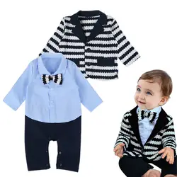 (4 шт./лот) зимние Одежда для новорожденных 2 шт. комплект костюм в полоску куртка лук и синяя рубашка комбинезон одежда для маленьких детей