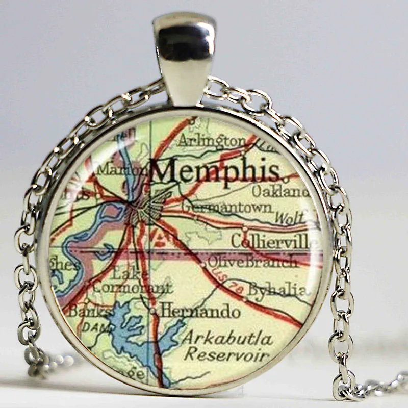 Memphis Map Pendant, Resin Charm, Memphis Tennessee Vintage Map Necklace, Picture Pendant,  Round Silver Pendant