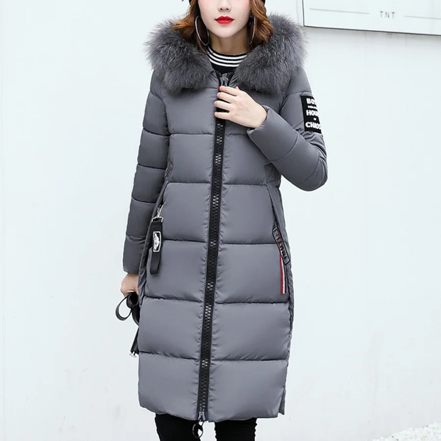 Зимняя женская куртка большой меховой воротник с капюшоном хлопковое стеганое длинное пальто Женская Парка утепленная куртка для женщин размера плюс