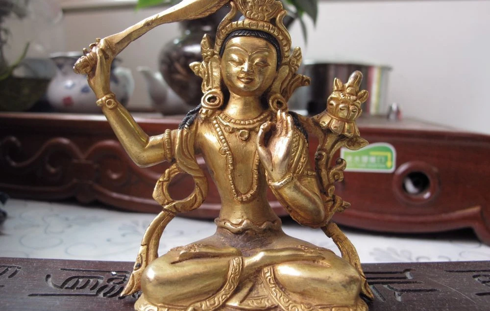 

Old Tibet buddhism bronze 24k gold Manjusri Bodhisattva GuanYin buddha statue