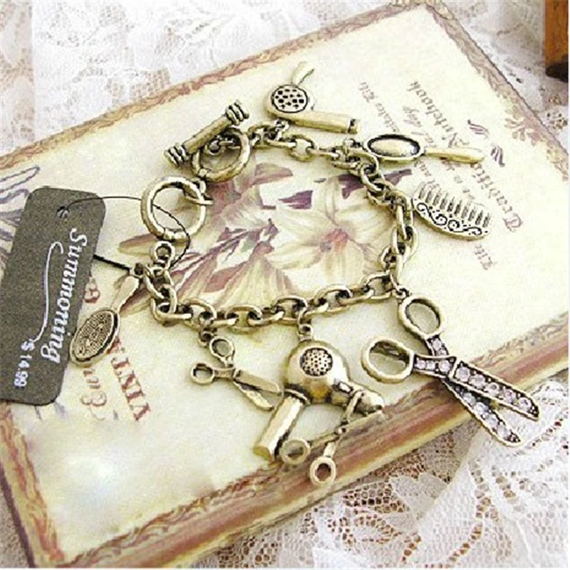 

Fashion Steampunk Hairdresser Hair Stylist Jewelry bronze Scissors Comb Bracelets Bangle for men and women creative bracelet