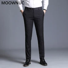 Брендовые штаны в полоску, мужской на зиму и осень, Модный облегающий костюм для жениха, брюки, повседневные деловые брюки, MOOWNUC, костюм, брюки