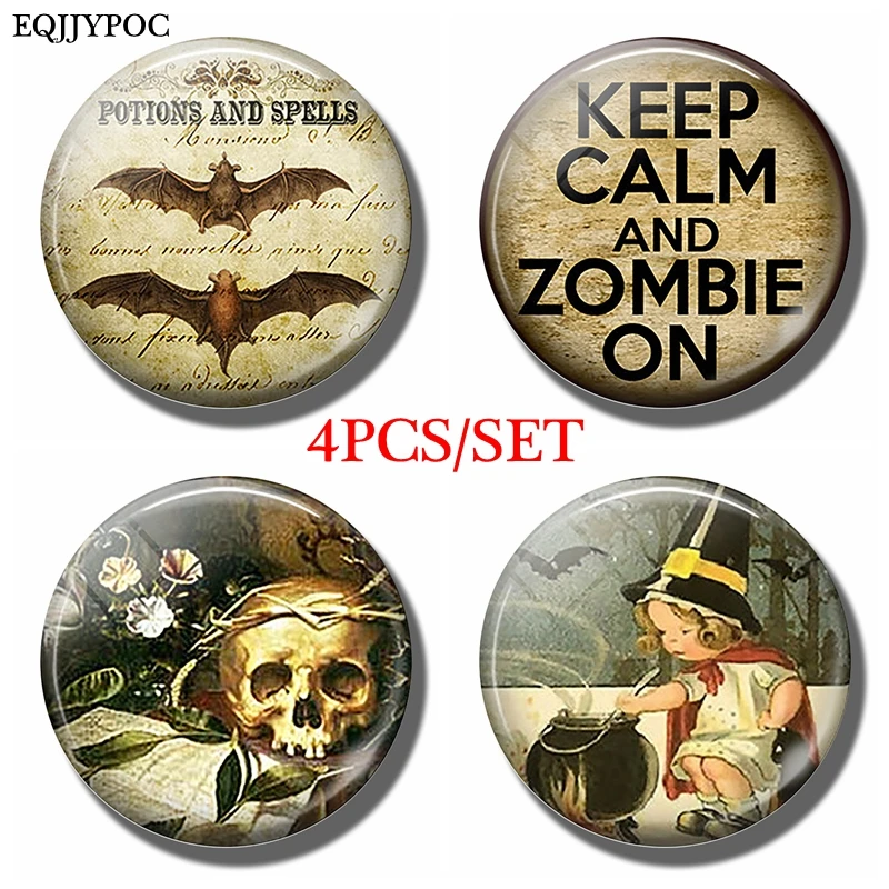 

4PCS/SET Glass Fridge Magnet Decor Retro Style Halloween Theme Witch Skull Bat Black Cat Pumpkin Refrigerator Stickers Magnetic