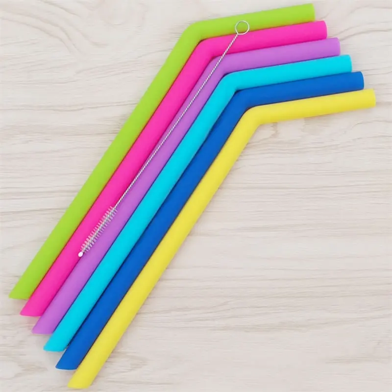 Reusable 6pcs Silicone Straws with Cleaning Brush Coffee Stirring Tumbler Long Smoothie Straws Drinkware