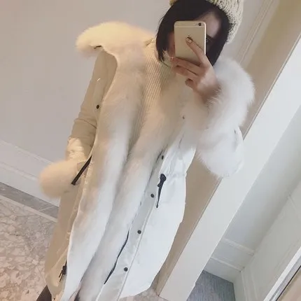Luxury Real Fox Fur Parka For Women Winter 2016 Korean Fashion White Warm Down Coat XXL