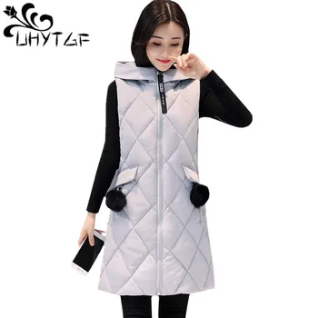 

UHYTGF New Vests for Women Autumn Plus size Down cotton Warm Coat Long sleeveless vest jacket women's Hooded colete feminino 625