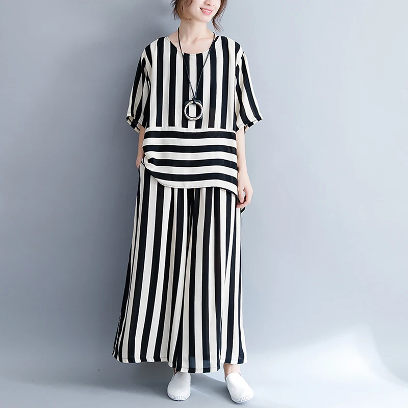 

Tracksuit striped 2 piece set for women pantsuit outfit plus size large top and pants suits co-ord set loose casual clothing