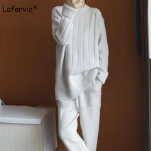 Lafarvie New 2019 Korean O-neck Thick Knitted Cashmere Sweater Women Autumn Winter Loose Long Pullover Knitting Sweater Jumper