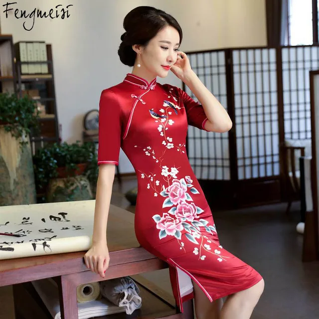 Fengmeisi chinese girl traditional dress women cheongsam silk short ...