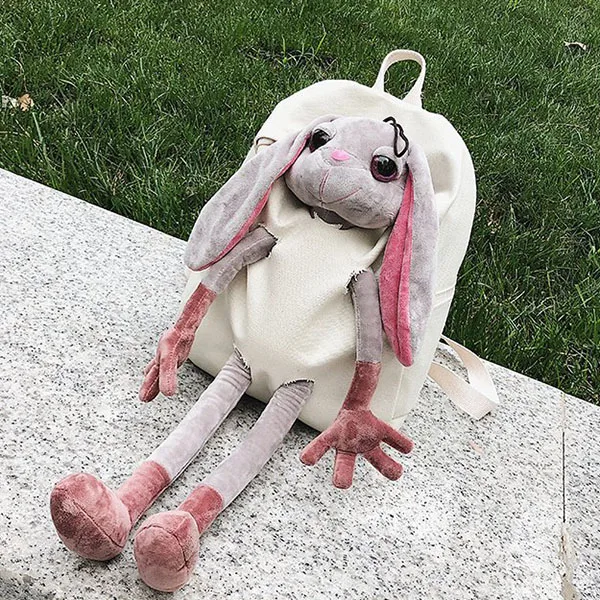 Женские рюкзаки в стиле Харадзюку с плюшевой куклой Кроликом, большая вместительность, Холщовый женский Школьный Рюкзак Для Путешествий, Kawaii, слон, кошка, школьные сумки для девочек - Цвет: White Rabbit