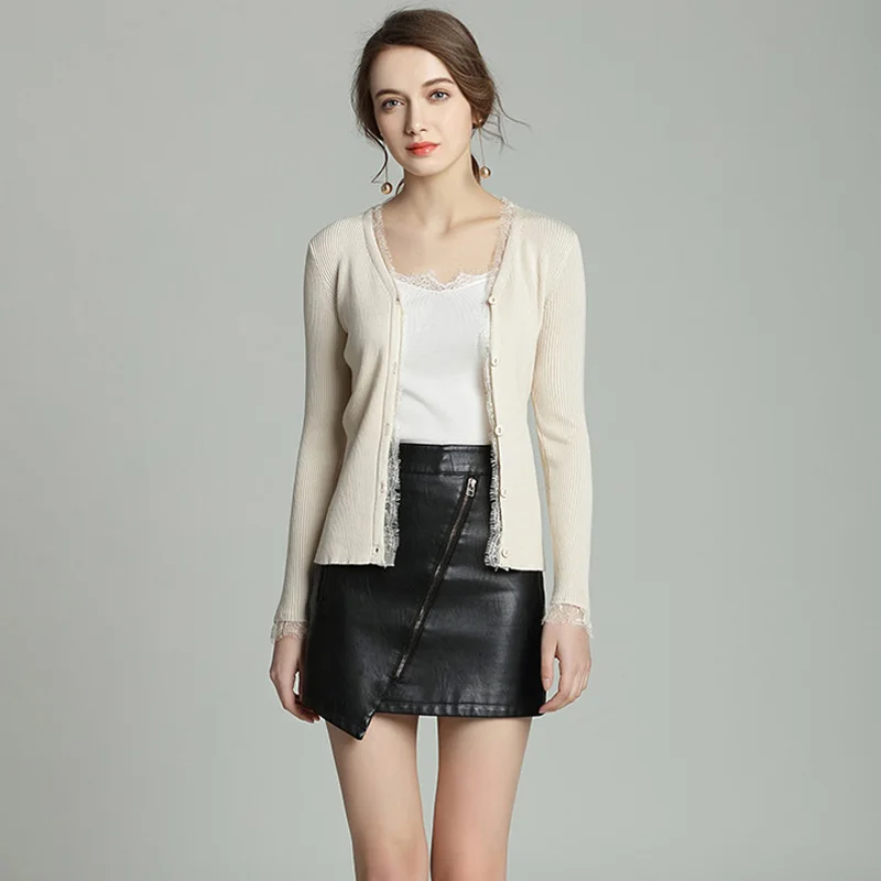Ly Varey Lin, осень, v-образный вырез, Женский вязаный свитер, кардиган, пальто, тонкий, черный, кружево, пэчворк, однобортный, хлопок, женская верхняя одежда
