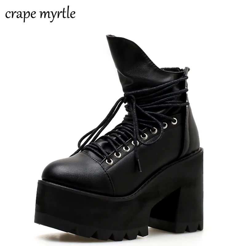 

lace up autumn boots women Fashion Thick Heel Ankle Boots Women High Heels Winter Woman Shoes punk boots platform shoes YMA435
