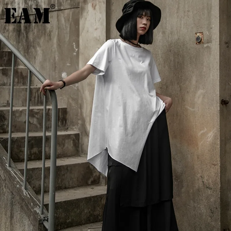 

[EAM] 2019 New Spring Summer Round Neck Short Sleeve White Irregular Hem Brief Big Size T-shirt Women Fashion Tide JW4670
