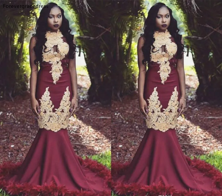 Hot Sell Burgundy With Gold Appliques Prom Dresses Black Girls South African Evening Gowns Mermaid High Neck Long Vestidos BC1143  155 (3)