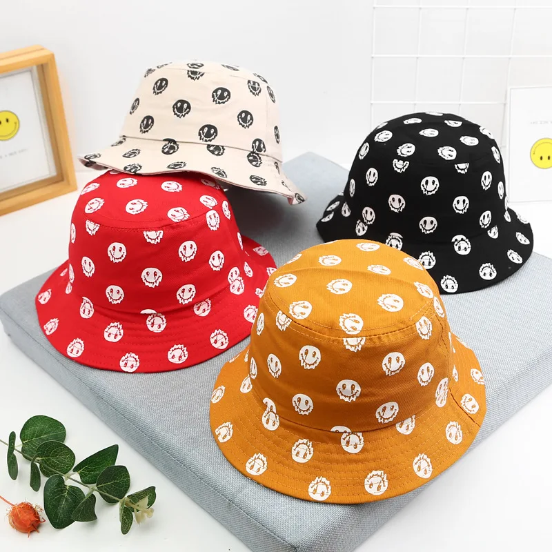 

New Baby Boys Girls Smiley Face Pattern Bucket Hats Kids Sun Helmet Cap Children panama fisherman caps